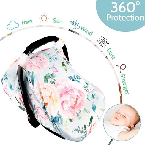 Car Seat Covers for Babies Girl Boy, Cozy Sun & Bug Cover, Infant Carseat Canopy Newborn Stroller Carrier Cover with Breathable Zipper Peep Window, Watercolor Pink Flower in Saudi Arabia