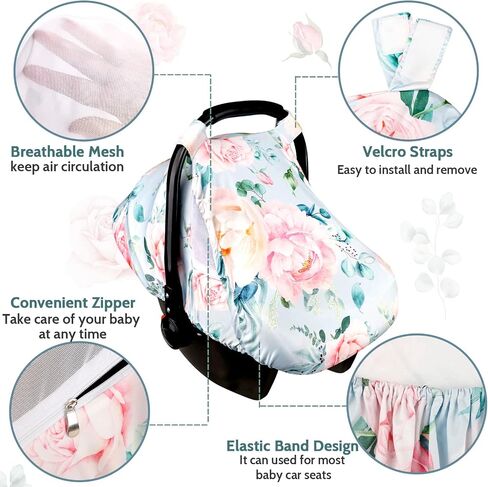 Car Seat Covers for Babies Girl Boy, Cozy Sun & Bug Cover, Infant Carseat Canopy Newborn Stroller Carrier Cover with Breathable Zipper Peep Window, Watercolor Pink Flower in Saudi Arabia
