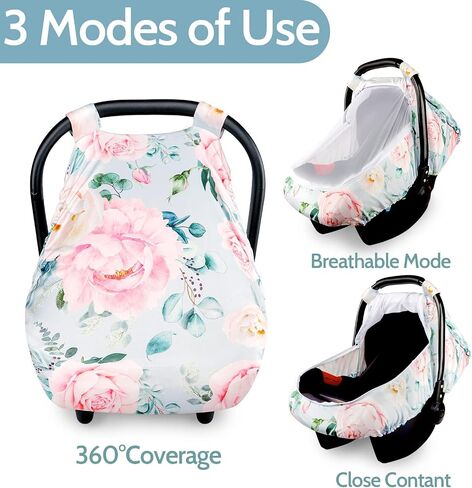 Car Seat Covers for Babies Girl Boy, Cozy Sun & Bug Cover, Infant Carseat Canopy Newborn Stroller Carrier Cover with Breathable Zipper Peep Window, Watercolor Pink Flower in Saudi Arabia