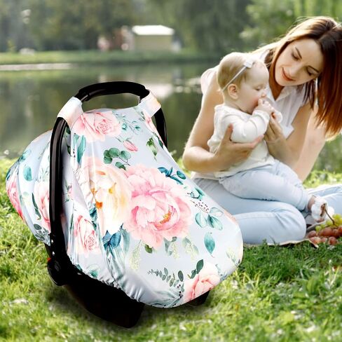 Car Seat Covers for Babies Girl Boy, Cozy Sun & Bug Cover, Infant Carseat Canopy Newborn Stroller Carrier Cover with Breathable Zipper Peep Window, Watercolor Pink Flower in Saudi Arabia