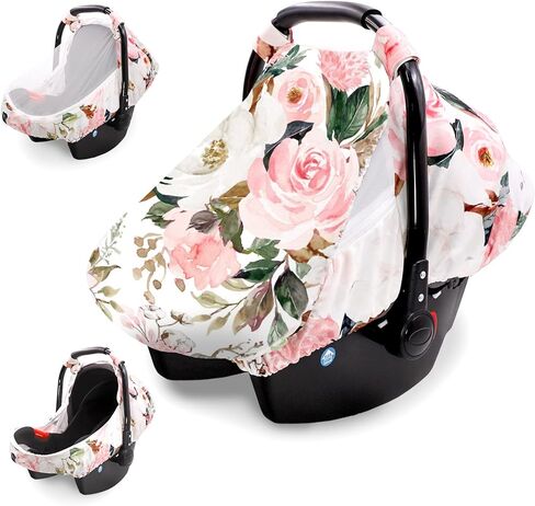 Car Seat Covers for Babies Girl Boy, Cozy Sun & Bug Cover, Infant Carseat Canopy Newborn Stroller Carrier Cover with Breathable Zipper Peep Window, Watercolor Pink Flower in Kuwait