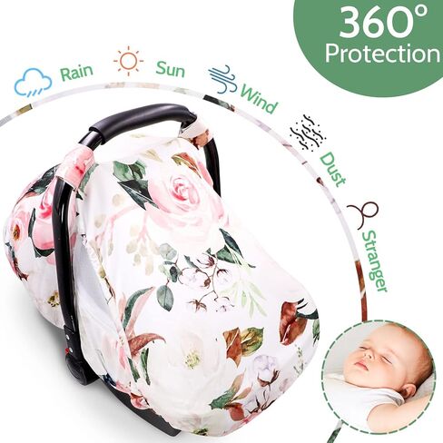 Car Seat Covers for Babies Girl Boy, Cozy Sun & Bug Cover, Infant Carseat Canopy Newborn Stroller Carrier Cover with Breathable Zipper Peep Window, Watercolor Pink Flower in Kuwait