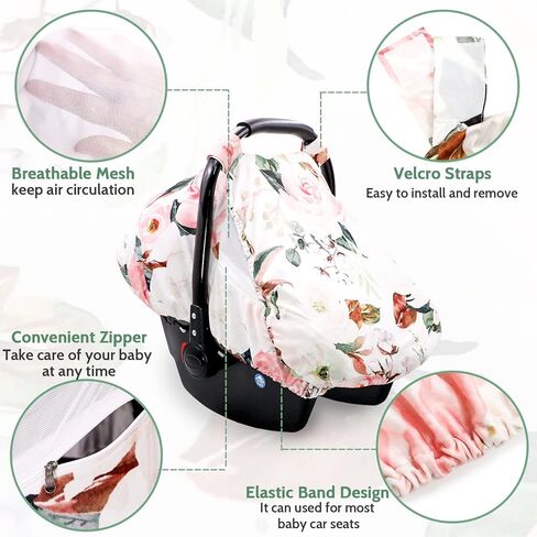 Car Seat Covers for Babies Girl Boy, Cozy Sun & Bug Cover, Infant Carseat Canopy Newborn Stroller Carrier Cover with Breathable Zipper Peep Window, Watercolor Pink Flower in Kuwait