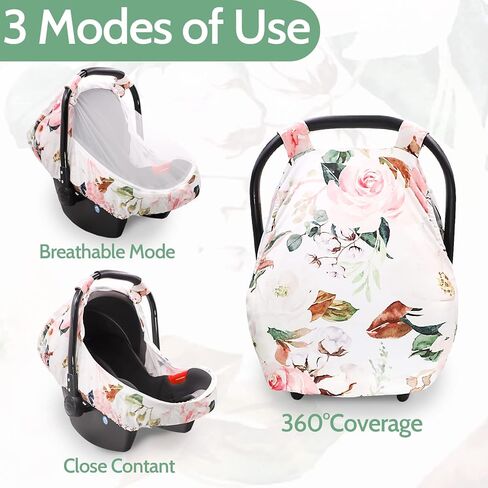Car Seat Covers for Babies Girl Boy, Cozy Sun & Bug Cover, Infant Carseat Canopy Newborn Stroller Carrier Cover with Breathable Zipper Peep Window, Watercolor Pink Flower in Kuwait