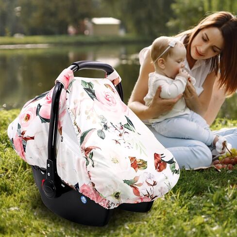 Car Seat Covers for Babies Girl Boy, Cozy Sun & Bug Cover, Infant Carseat Canopy Newborn Stroller Carrier Cover with Breathable Zipper Peep Window, Watercolor Pink Flower in Kuwait