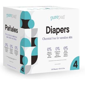 حفاضات PurePail للاستعمال مرة واحدة - مقاس 4 - 22-37 رطلاً - خالية من المواد الكيميائية للبشرة الحساسة - غير معطرة - ملائمة تمامًا - 152 قطعة in Kuwait