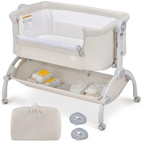 BABY JOY Baby Bassinet, 3-in-1 Rocking Bassinet w/Storage Basket, Double-Lock Design, 7 Adjustable Heights, Soft Mattress & Portable Travel Bag, Bassinet Bedside Sleeper for Newborns Infants (Beige) in Saudi Arabia