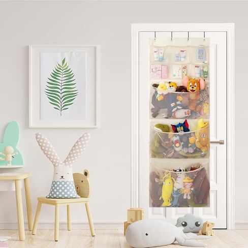 تخزين الحيوانات المحشوة من VICTORICH، تخزين منظم فوق الباب لحامل الحيوانات المحشوة، أرجوحة شبكية للحيوانات المحشوة مع 4 جيوب، منظم باب معلق للحضانة والحمام وغرفة نوم الأطفال، بيج in Kuwait