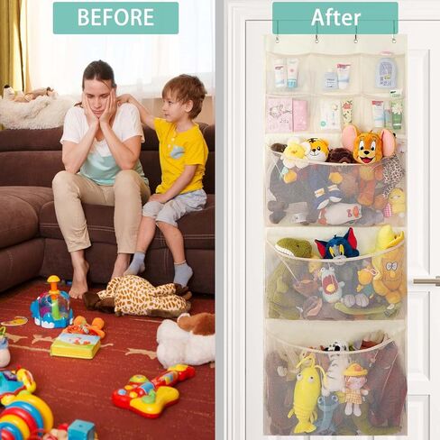 تخزين الحيوانات المحشوة من VICTORICH، تخزين منظم فوق الباب لحامل الحيوانات المحشوة، أرجوحة شبكية للحيوانات المحشوة مع 4 جيوب، منظم باب معلق للحضانة والحمام وغرفة نوم الأطفال، بيج in Kuwait