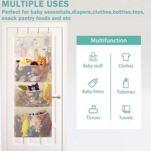 تخزين الحيوانات المحشوة من VICTORICH، تخزين منظم فوق الباب لحامل الحيوانات المحشوة، أرجوحة شبكية للحيوانات المحشوة مع 4 جيوب، منظم باب معلق للحضانة والحمام وغرفة نوم الأطفال، بيج in Kuwait