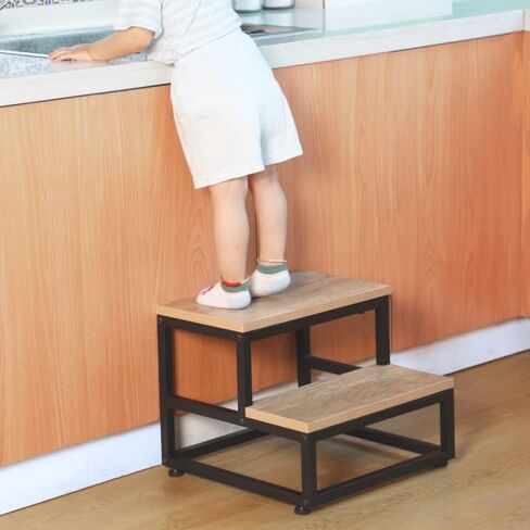 SZLHANJZ Step Stool, Wood & Metal Step Stools for Adults Kids, 500 LB Load | Bedside Steps for High Beds with Round Corners, 2 Steps Footstool for Adults, Stepping Stool for Kitchen Bedroom, Black in Saudi Arabia