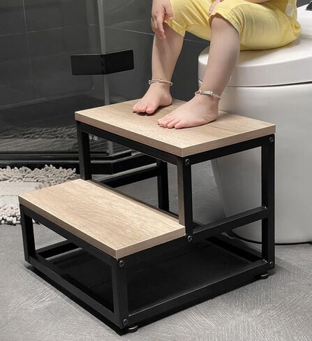 SZLHANJZ Step Stool, Wood & Metal Step Stools for Adults Kids, 500 LB Load | Bedside Steps for High Beds with Round Corners, 2 Steps Footstool for Adults, Stepping Stool for Kitchen Bedroom, Black in Saudi Arabia
