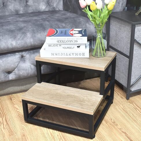 SZLHANJZ Step Stool, Wood & Metal Step Stools for Adults Kids, 500 LB Load | Bedside Steps for High Beds with Round Corners, 2 Steps Footstool for Adults, Stepping Stool for Kitchen Bedroom, Black in Saudi Arabia