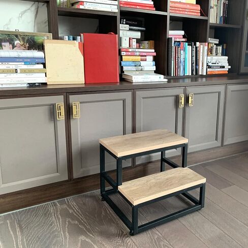 SZLHANJZ Step Stool, Wood & Metal Step Stools for Adults Kids, 500 LB Load | Bedside Steps for High Beds with Round Corners, 2 Steps Footstool for Adults, Stepping Stool for Kitchen Bedroom, Black in Saudi Arabia