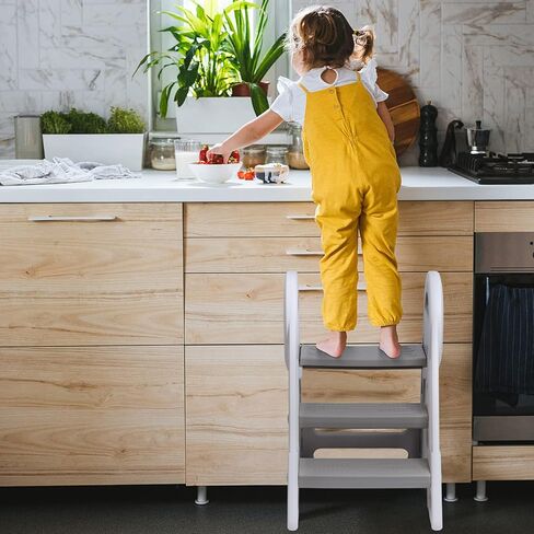 Step Ladder 3 Step Folding Toddler Step Stool for Kids Three Step Standing Tower for Kitchen Counter,Adjustable 3 Step Stools with Handles to 2 Step for Toilet Potty Training （Grey） in Saudi Arabia