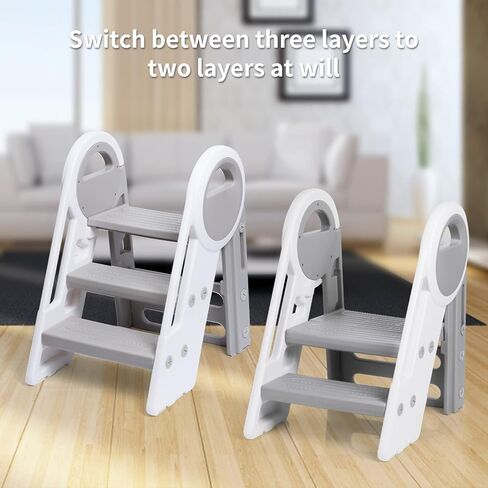 Step Ladder 3 Step Folding Toddler Step Stool for Kids Three Step Standing Tower for Kitchen Counter,Adjustable 3 Step Stools with Handles to 2 Step for Toilet Potty Training （Grey） in Saudi Arabia