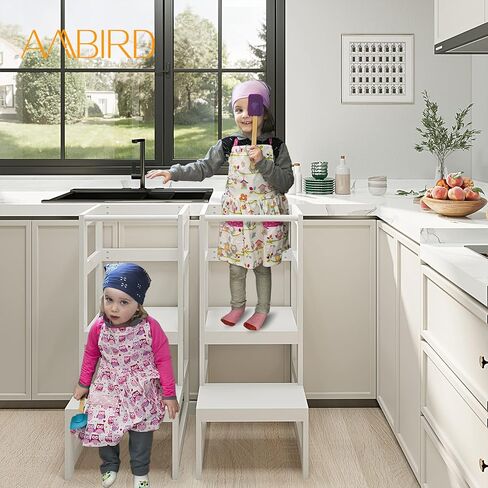 مقعد خطوة للأطفال من AMBIRD، 3 مقاعد مطبخ بارتفاع قابل للتعديل للأطفال من عمر 18 إلى 48 شهرًا، مقعد مطبخ خشبي للأطفال الصغار مع حاجز وحصيرة غير قابلة للانزلاق للمطبخ وحوض الحمام (رمادي) in Kuwait