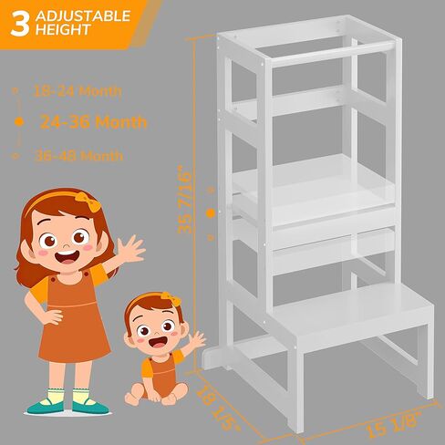 مقعد خطوة للأطفال من AMBIRD، 3 مقاعد مطبخ بارتفاع قابل للتعديل للأطفال من عمر 18 إلى 48 شهرًا، مقعد مطبخ خشبي للأطفال الصغار مع حاجز وحصيرة غير قابلة للانزلاق للمطبخ وحوض الحمام (رمادي) in Kuwait