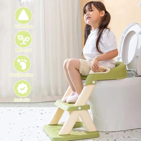 Potty Training Seat with Ladder, Foldable Toddler Toilet Potty Training Seat with Upgraded Triangle Body Design Ladder, Adjustable Multi-Purpose Two-Step Stool for Girls/Boys (Green) in Saudi Arabia