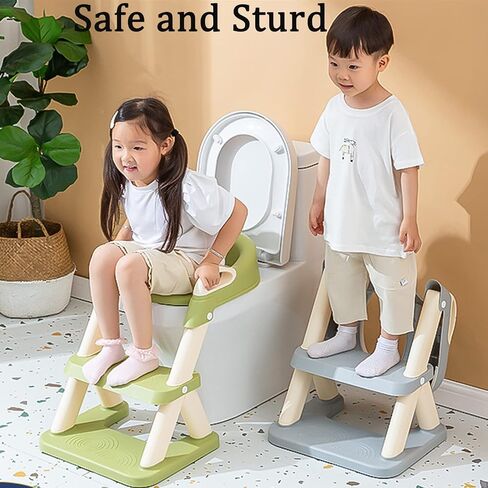 Potty Training Seat with Ladder, Foldable Toddler Toilet Potty Training Seat with Upgraded Triangle Body Design Ladder, Adjustable Multi-Purpose Two-Step Stool for Girls/Boys (Green) in Saudi Arabia