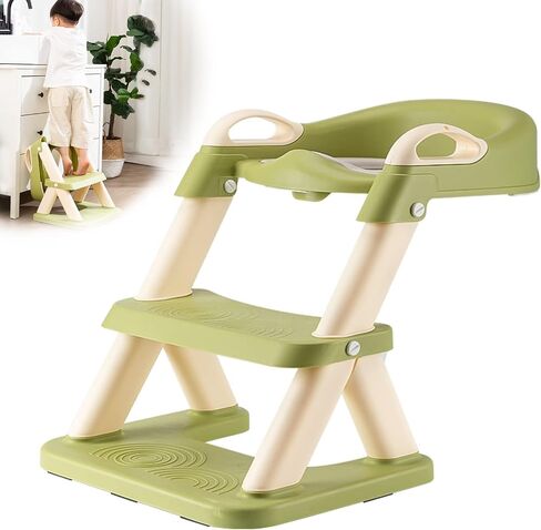 Potty Training Seat with Ladder, Foldable Toddler Toilet Potty Training Seat with Upgraded Triangle Body Design Ladder, Adjustable Multi-Purpose Two-Step Stool for Girls/Boys (Green) in Saudi Arabia
