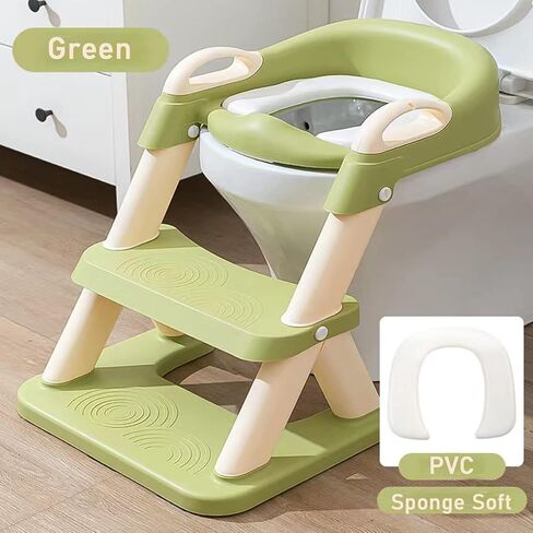Potty Training Seat with Ladder, Foldable Toddler Toilet Potty Training Seat with Upgraded Triangle Body Design Ladder, Adjustable Multi-Purpose Two-Step Stool for Girls/Boys (Green) in Saudi Arabia