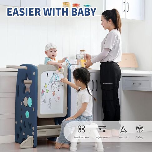 UNICOO – مقعد مطبخ للأطفال مع قضبان أمان مزدوجة، مقعد تعلم للأطفال الصغار مع 3 ارتفاعات قابلة للتعديل ومنصات قدم غير قابلة للانزلاق، برج للأطفال الصغار لسطح المطبخ والحمام (OMLT-بني فاتح) in Kuwait