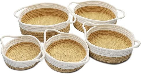 Woven Storage Baskets 5-Piece, Natural Cotton Rope Basket for Baby Nursery Basket, Cat Dog Toys Basket, Bathroom Organizing Baskets, Empty Decorative Gift Basket Round White Brown in Saudi Arabia