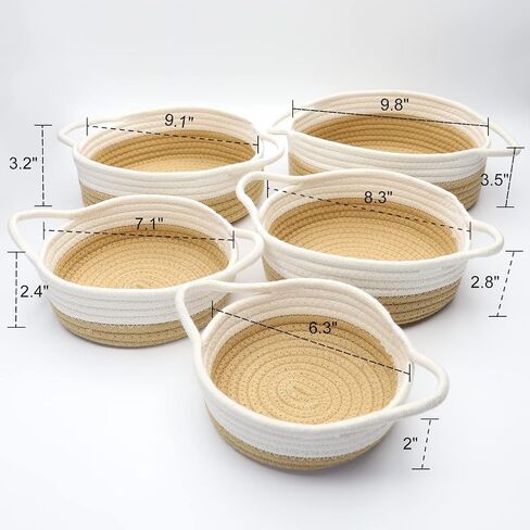Woven Storage Baskets 5-Piece, Natural Cotton Rope Basket for Baby Nursery Basket, Cat Dog Toys Basket, Bathroom Organizing Baskets, Empty Decorative Gift Basket Round White Brown in Saudi Arabia