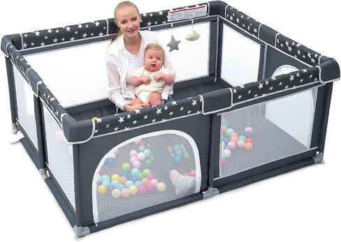 ANGELBLISS Baby Playpen, Large Baby Playard, Play Pens for Babies and Toddlers with Gate, Indoor & Outdoor Play Area for Infants, Kids Safety Play Yard with Star Print (Dark Grey, 50"×50") in Kuwait