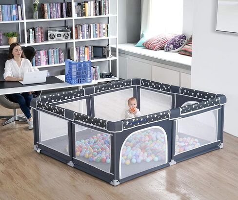 ANGELBLISS Baby Playpen, Large Baby Playard, Play Pens for Babies and Toddlers with Gate, Indoor & Outdoor Play Area for Infants, Kids Safety Play Yard with Star Print (Dark Grey, 50"×50") in Kuwait
