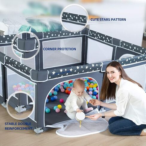 ANGELBLISS Baby Playpen, Large Baby Playard, Play Pens for Babies and Toddlers with Gate, Indoor & Outdoor Play Area for Infants, Kids Safety Play Yard with Star Print (Dark Grey, 50"×50") in Kuwait