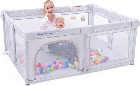 ANGELBLISS Baby Playpen, Large Baby Playard, Play Pens for Babies and Toddlers with Gate, Indoor & Outdoor Play Area for Infants, Kids Safety Play Yard with Star Print (Dark Grey, 50"×50") in Kuwait