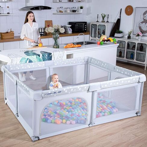 ANGELBLISS Baby Playpen, Large Baby Playard, Play Pens for Babies and Toddlers with Gate, Indoor & Outdoor Play Area for Infants, Kids Safety Play Yard with Star Print (Dark Grey, 50"×50") in Kuwait