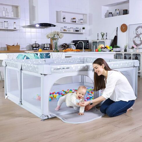 ANGELBLISS Baby Playpen, Large Baby Playard, Play Pens for Babies and Toddlers with Gate, Indoor & Outdoor Play Area for Infants, Kids Safety Play Yard with Star Print (Dark Grey, 50"×50") in Kuwait