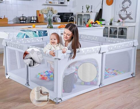 ANGELBLISS Baby Playpen, Large Baby Playard, Play Pens for Babies and Toddlers with Gate, Indoor & Outdoor Play Area for Infants, Kids Safety Play Yard with Star Print (Dark Grey, 50"×50") in Kuwait