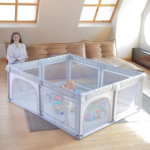 ANGELBLISS Baby Playpen, Large Baby Playard, Play Pens for Babies and Toddlers with Gate, Indoor & Outdoor Play Area for Infants, Kids Safety Play Yard with Star Print (Dark Grey, 50"×50") in Kuwait