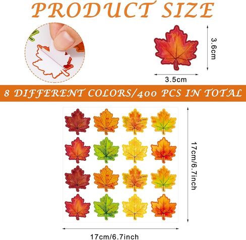Whaline 400 Pcs Fall Maple Leaf Stickers 8 Colors Autumn Leaves Shape Stickers Cute Self Adhesive Decals for Holiday Thanksgiving Wedding Birthday Party Window Door Home Decorations in Kuwait