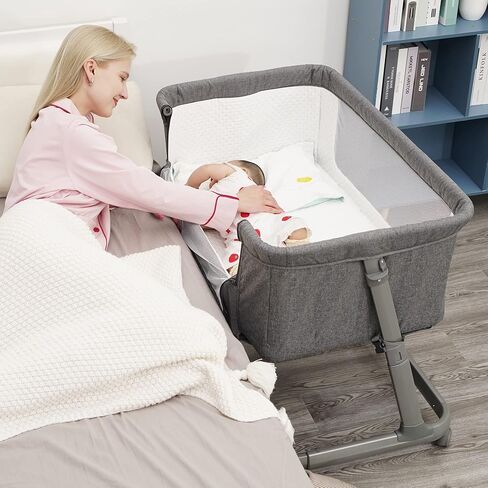Pamo babe Baby Bassinet Bedside Sleeper for Newborn Bed Crib with Breathable Mesh Sides Co-Sleeping Bedside Crib for Infant Breastfeeding with Height-Adjustable and Wheels, Z-Type Stable Frame in Kuwait