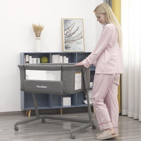 Pamo babe Baby Bassinet Bedside Sleeper for Newborn Bed Crib with Breathable Mesh Sides Co-Sleeping Bedside Crib for Infant Breastfeeding with Height-Adjustable and Wheels, Z-Type Stable Frame in Kuwait