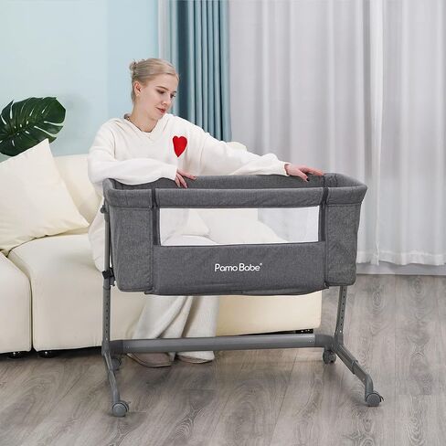 Pamo babe Baby Bassinet Bedside Sleeper for Newborn Bed Crib with Breathable Mesh Sides Co-Sleeping Bedside Crib for Infant Breastfeeding with Height-Adjustable and Wheels, Z-Type Stable Frame in Kuwait