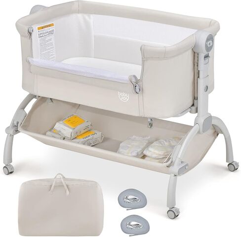 BABY JOY Baby Bassinet, 3-in-1 Rocking Bassinet w/Storage Basket, Double-Lock Design, 7 Adjustable Heights, Soft Mattress & Portable Travel Bag, Bassinet Bedside Sleeper for Newborns Infants (Beige) in Kuwait