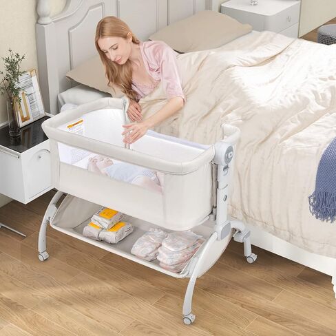 BABY JOY Baby Bassinet, 3-in-1 Rocking Bassinet w/Storage Basket, Double-Lock Design, 7 Adjustable Heights, Soft Mattress & Portable Travel Bag, Bassinet Bedside Sleeper for Newborns Infants (Beige) in Kuwait