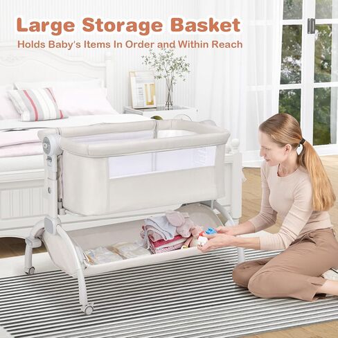 BABY JOY Baby Bassinet, 3-in-1 Rocking Bassinet w/Storage Basket, Double-Lock Design, 7 Adjustable Heights, Soft Mattress & Portable Travel Bag, Bassinet Bedside Sleeper for Newborns Infants (Beige) in Kuwait