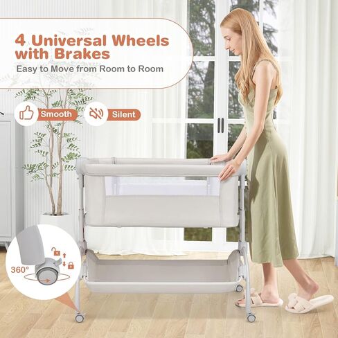 BABY JOY Baby Bassinet, 3-in-1 Rocking Bassinet w/Storage Basket, Double-Lock Design, 7 Adjustable Heights, Soft Mattress & Portable Travel Bag, Bassinet Bedside Sleeper for Newborns Infants (Beige) in Kuwait