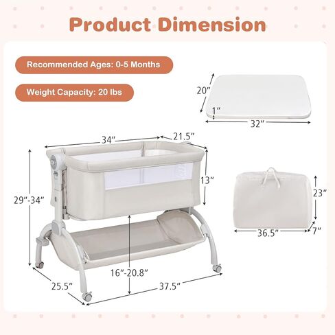 BABY JOY Baby Bassinet, 3-in-1 Rocking Bassinet w/Storage Basket, Double-Lock Design, 7 Adjustable Heights, Soft Mattress & Portable Travel Bag, Bassinet Bedside Sleeper for Newborns Infants (Beige) in Kuwait