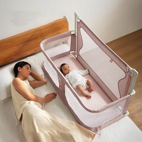 Leeoeevee Bedside Crib Baby Bassinet, Bedside Sleeper, & Playpen, Easy Folding Portable Crib,Middle Bed, Protective Fence(Beige Gray) in Saudi Arabia