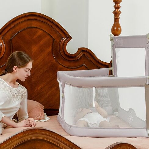 Leeoeevee Bedside Crib Baby Bassinet, Bedside Sleeper, & Playpen, Easy Folding Portable Crib,Middle Bed, Protective Fence(Beige Gray) in Saudi Arabia