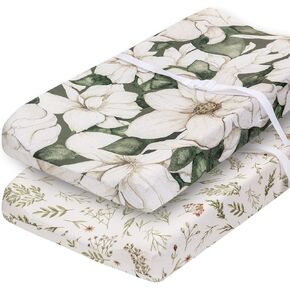 Pobibaby - 2 Pack Premium Bassinet Sheets for Standard Bassinets - Ultra-Soft Cotton Blend, Stylish Floral Pattern, Safe and Snug for Baby (Zephyr)