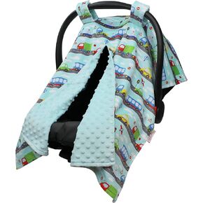 Baby Car Seat Canopy Cover - City Cars and Trucks with Navy Blue Minky Dot